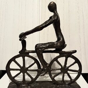 Vintage Brutalist Cast Metal Bicyclist Sculpture